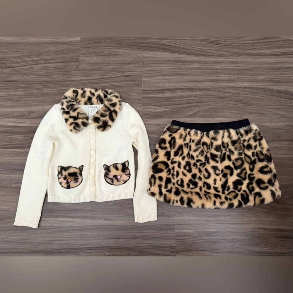 Rachel Zoe Cream and Leopard Faux Fur Skirt and Cat Knit Sweater Kids Set - 5/6